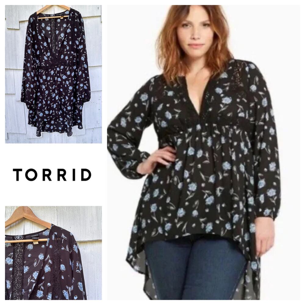 Torrid Black Floral Print High-Low Babydoll Blouse Ruffled V-Neckline Size 5X
